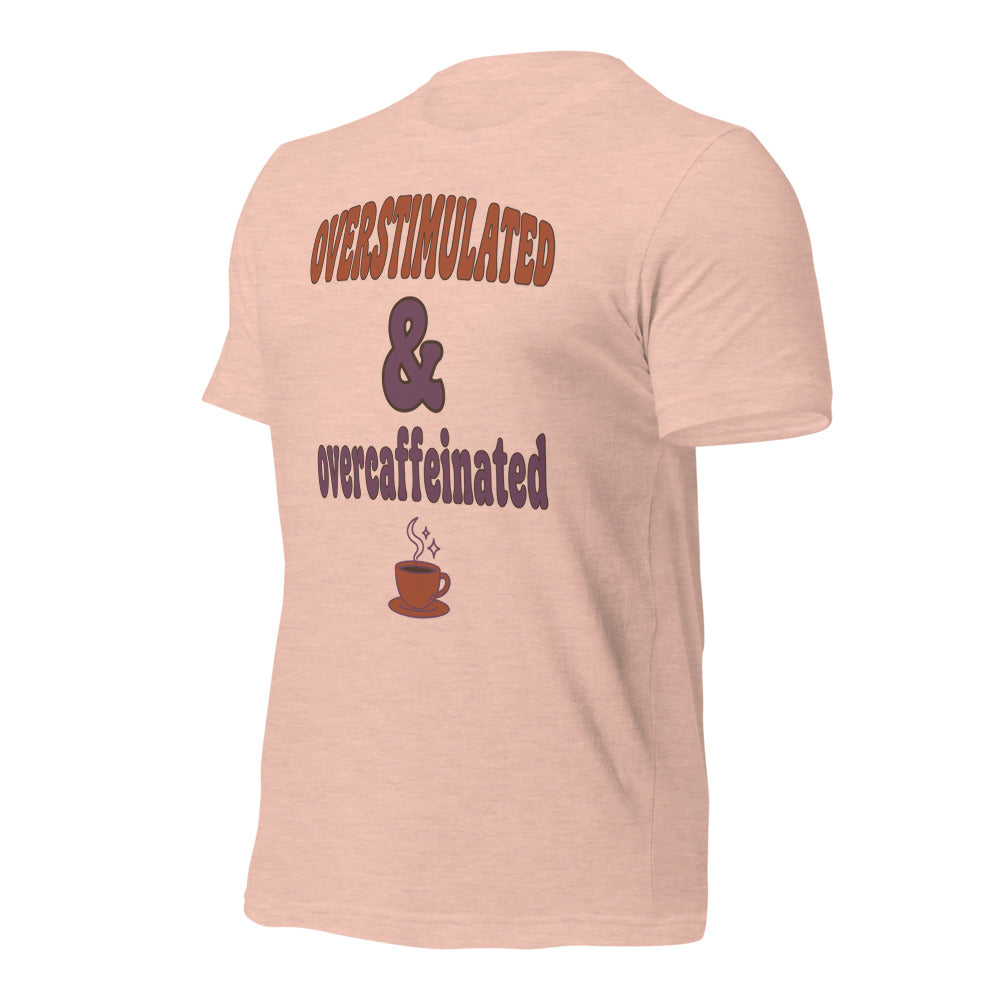 Overstimulated & Overcaffeinated soft retro coffee mental health tee — Heather Prism Peach, front-right