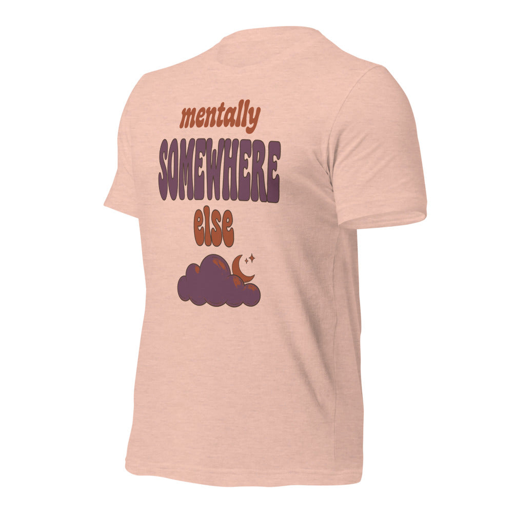 Mentally Somewhere Else soft retro daydream mental health tee — Heather Prism Peach, front-right