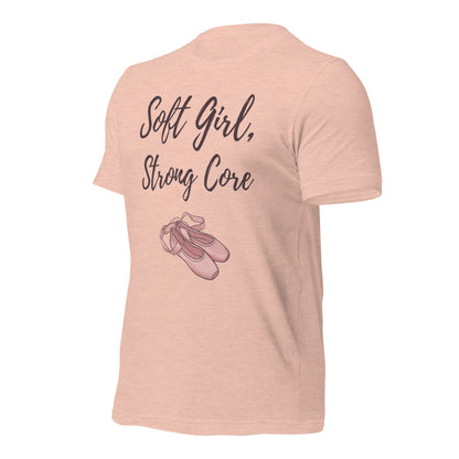Soft Girl Strong Core ballet coquette pilates tee — Heather Prism Peach, front-right