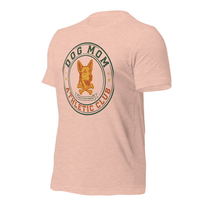 Dog Mom Athletic Club vintage varsity crest tee — Heather Prism Peach, front-right