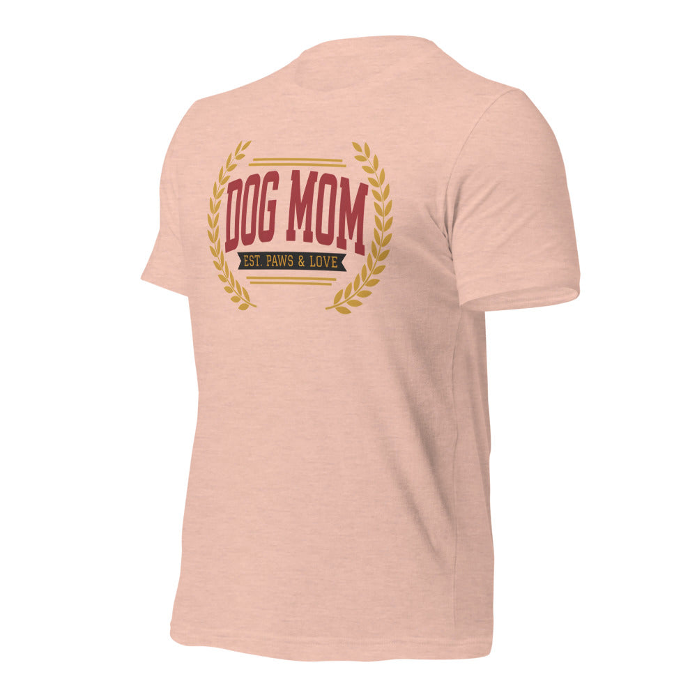 Dog Mom vintage varsity wordmark tee — Heather Prism Peach, front-right
