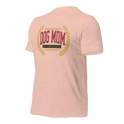 Dog Mom vintage varsity wordmark tee — Heather Prism Peach, front-right
