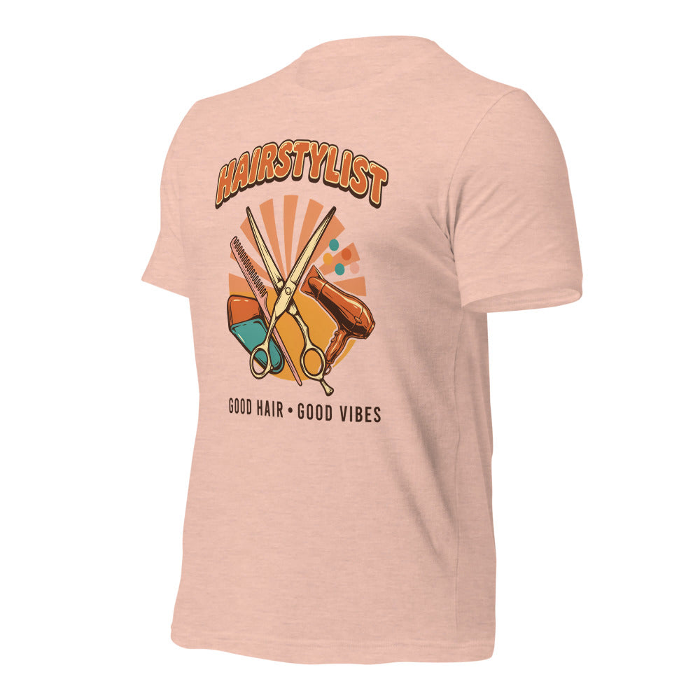 Retro Salon Hairstylist good hair good vibes tee — Heather Prism Peach, front-right