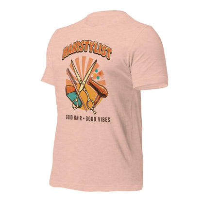 Retro Salon Hairstylist good hair good vibes tee — Heather Prism Peach, front-right