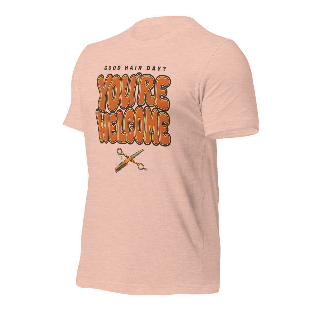 Funny hairstylist Good Hair Day You're Welcome tee — Heather Prism Peach, front-right