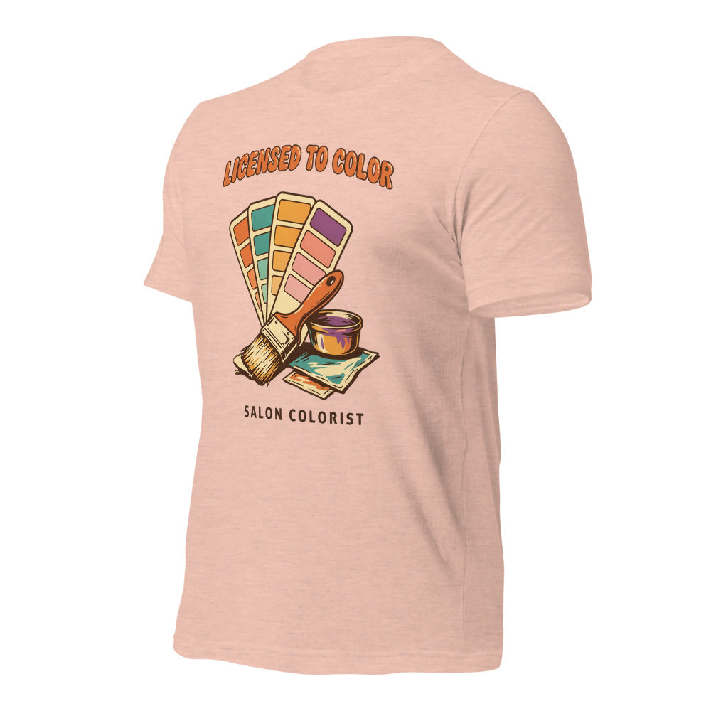 Salon colorist Licensed to Color retro tee — Heather Prism Peach, front-right