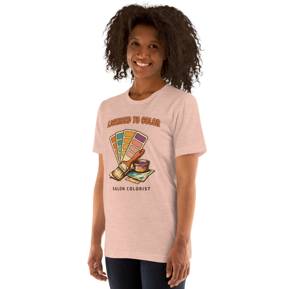 Salon colorist Licensed to Color retro tee — Heather Prism Peach, on model