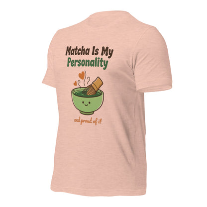 Matcha Is My Personality retro matcha tee — Heather Prism Peach, front-right