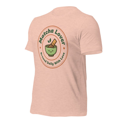 Matcha Lover retro café badge tee — Heather Prism Peach, front-right