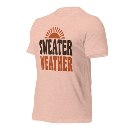 Sweater Weather retro 70s fall t-shirt — Heather Prism Peach, front-right