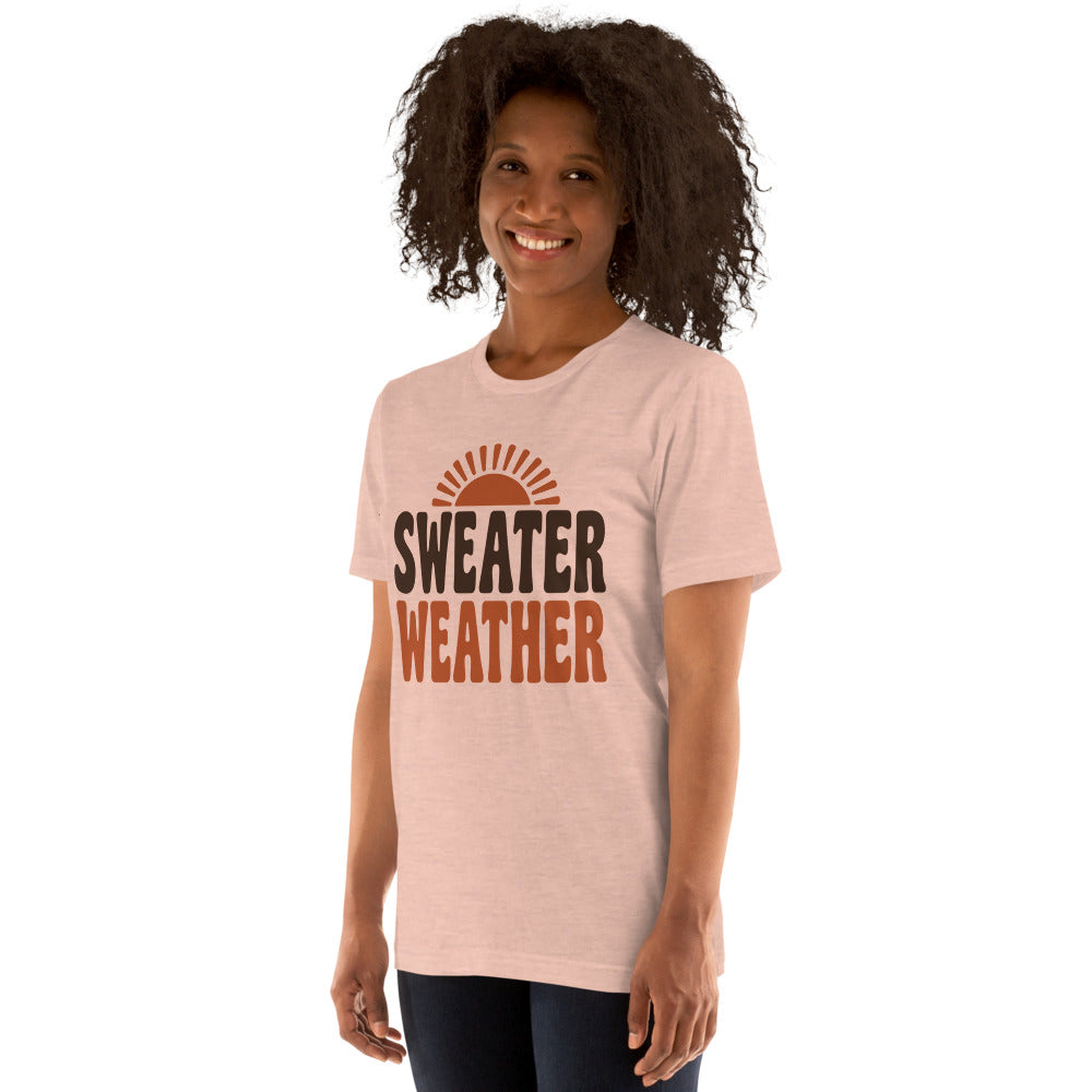 Sweater Weather retro 70s fall t-shirt — Heather Prism Peach, on model