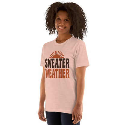Sweater Weather retro 70s fall t-shirt — Heather Prism Peach, on model