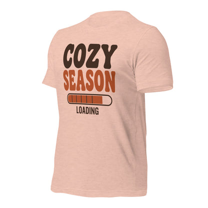 Cozy Season Loading retro 70s fall t-shirt — Heather Prism Peach, front-right