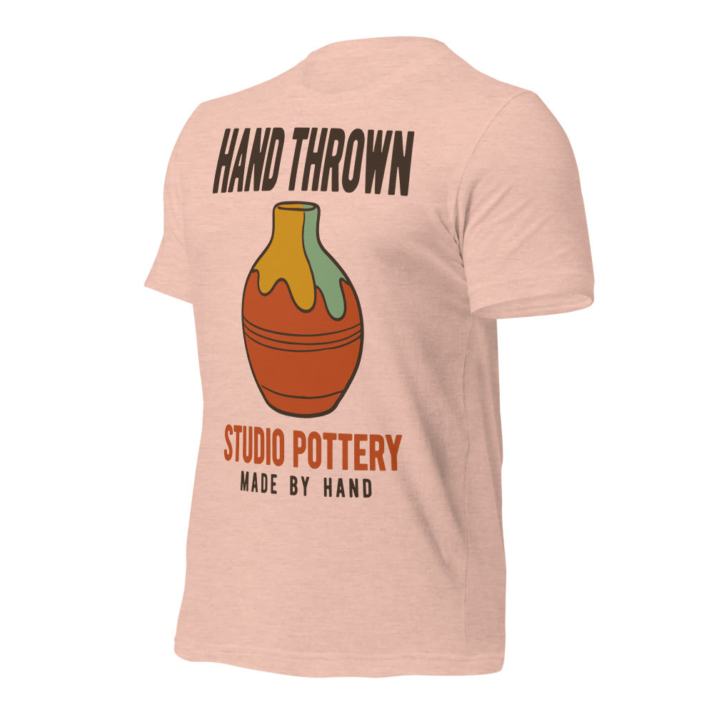 Hand Thrown Studio Pottery retro poster t-shirt — Heather Prism Peach, front-right