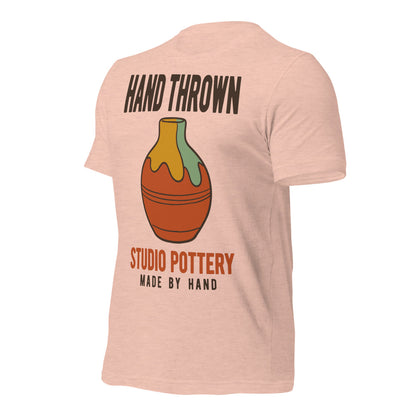 Hand Thrown Studio Pottery retro poster t-shirt — Heather Prism Peach, front-right