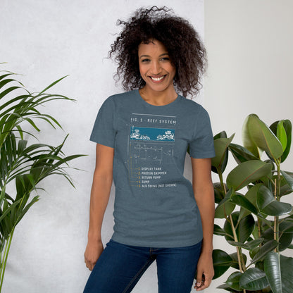 Reef System technical cutaway saltwater aquarium t-shirt — Heather Slate, on model