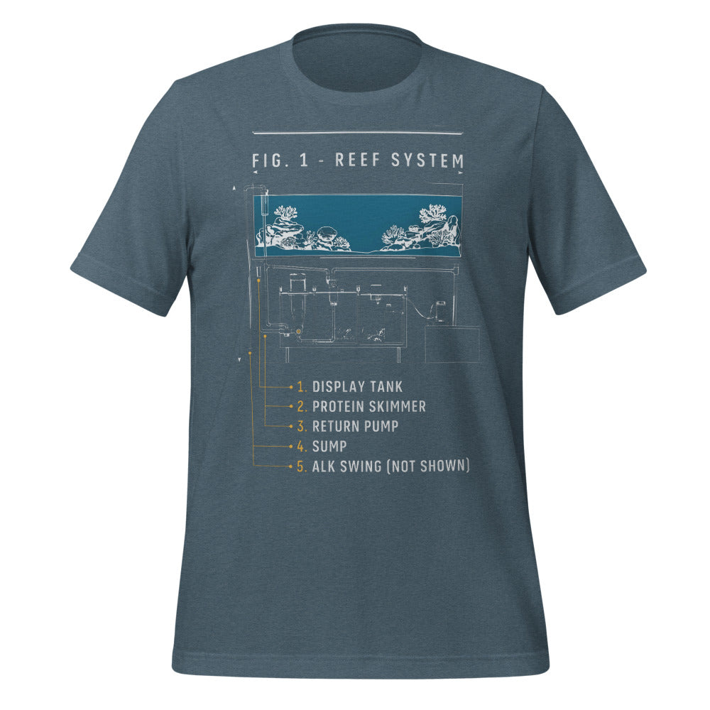 Reef System technical cutaway saltwater aquarium t-shirt — Heather Slate, front