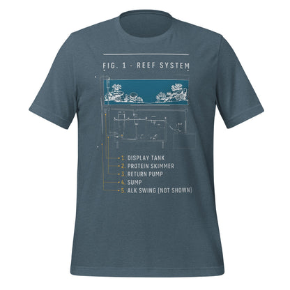 Reef System technical cutaway saltwater aquarium t-shirt — Heather Slate, front