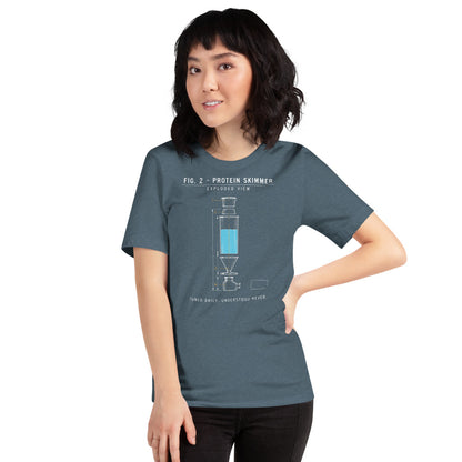 Protein Skimmer Exploded View reef tank saltwater aquarium t-shirt — Heather Slate, on model