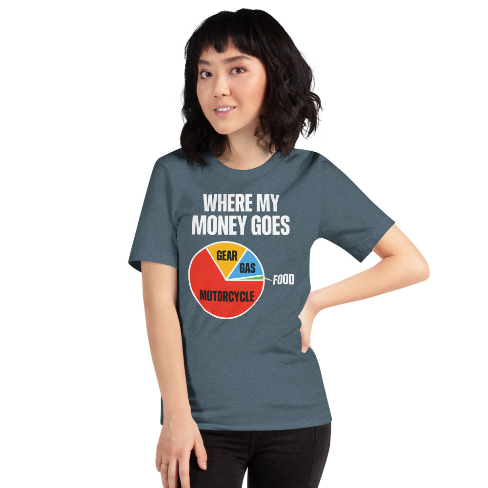 Where My Money Goes funny motorcycle tee — Heather Slate, on model