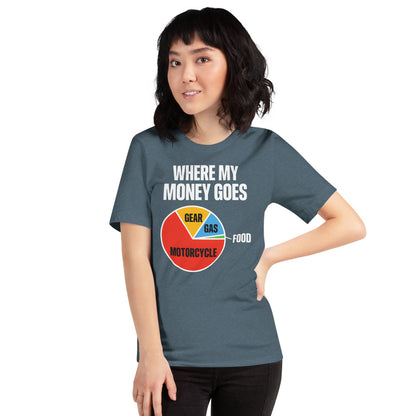 Where My Money Goes funny motorcycle tee — Heather Slate, on model