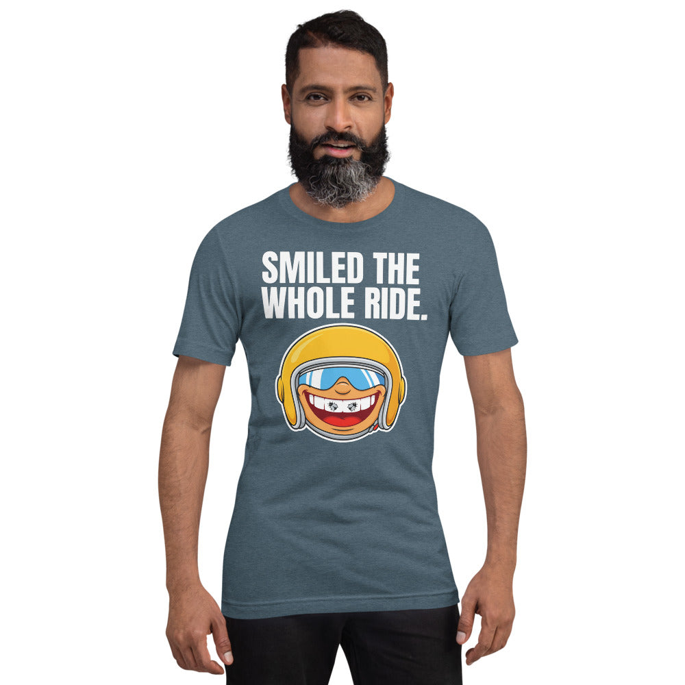 Smiled The Whole Ride funny motorcycle tee — Heather Slate, on model