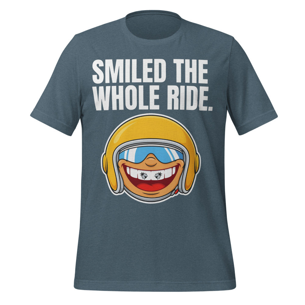 Smiled The Whole Ride funny motorcycle tee — Heather Slate, front