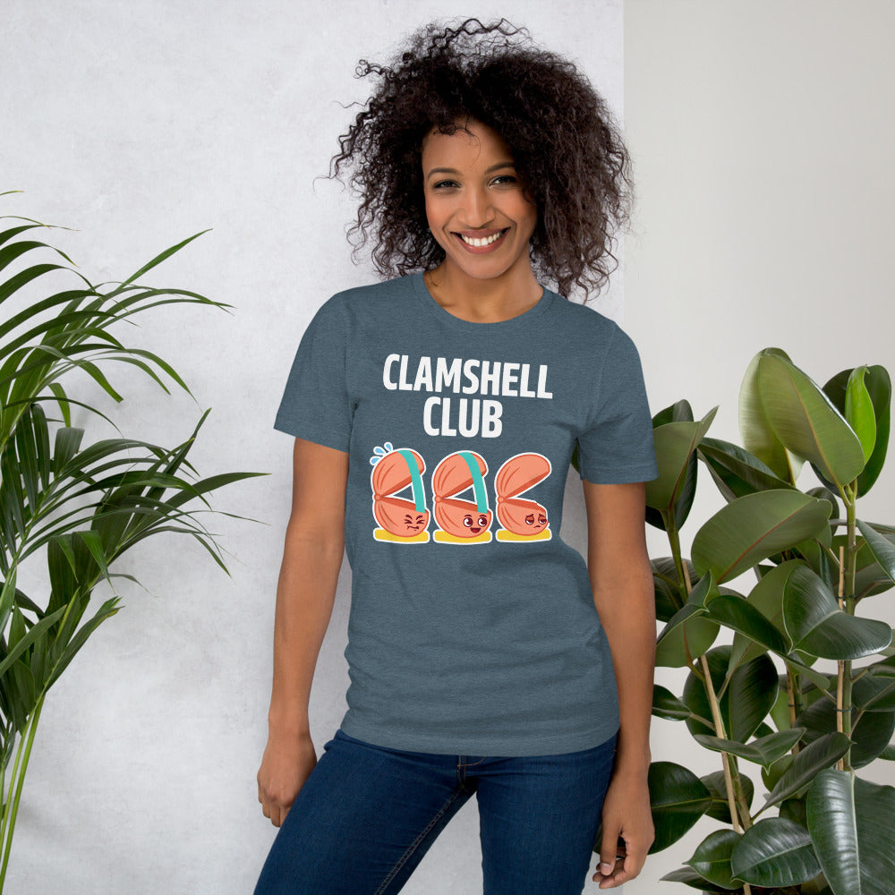 Clamshell Club funny physical therapy tee — Heather Slate, on model