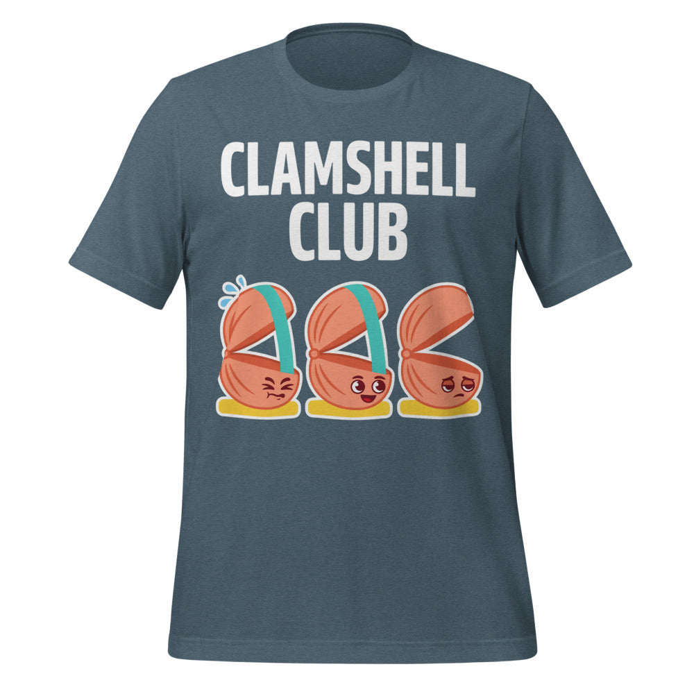 Clamshell Club funny physical therapy tee — Heather Slate, front