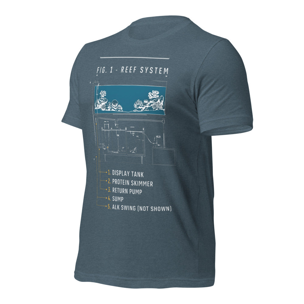 Reef System technical cutaway saltwater aquarium t-shirt — Heather Slate, front-right