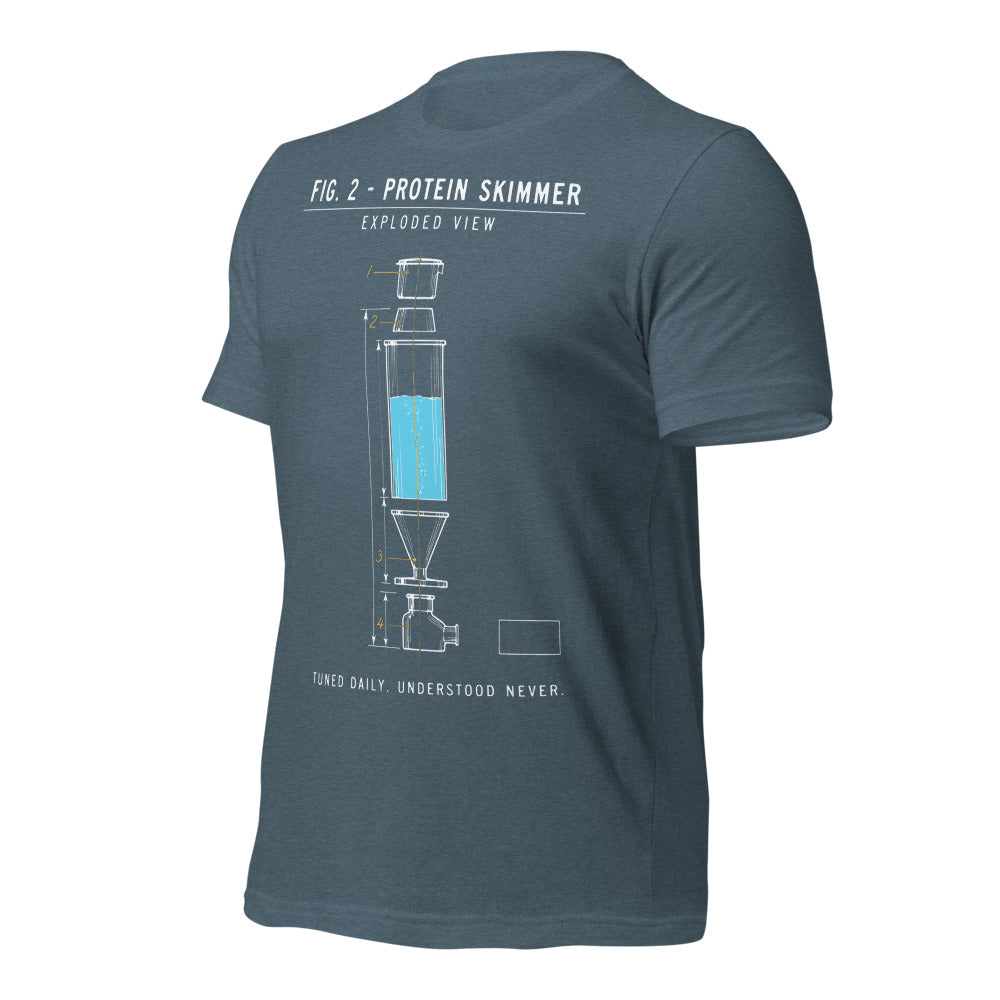 Protein Skimmer Exploded View reef tank saltwater aquarium t-shirt — Heather Slate, front-right