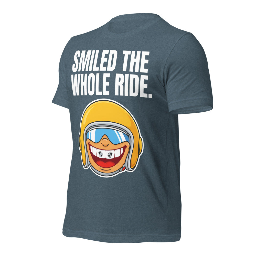 Smiled The Whole Ride funny motorcycle tee — Heather Slate, front-right