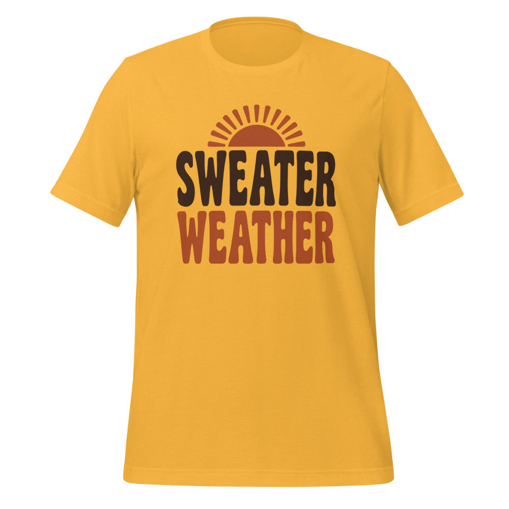 Sweater Weather retro 70s fall t-shirt — Heather Yellow Gold, front