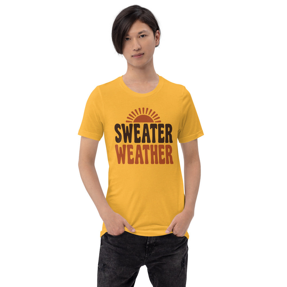 Sweater Weather retro 70s fall t-shirt — Heather Yellow Gold, on model
