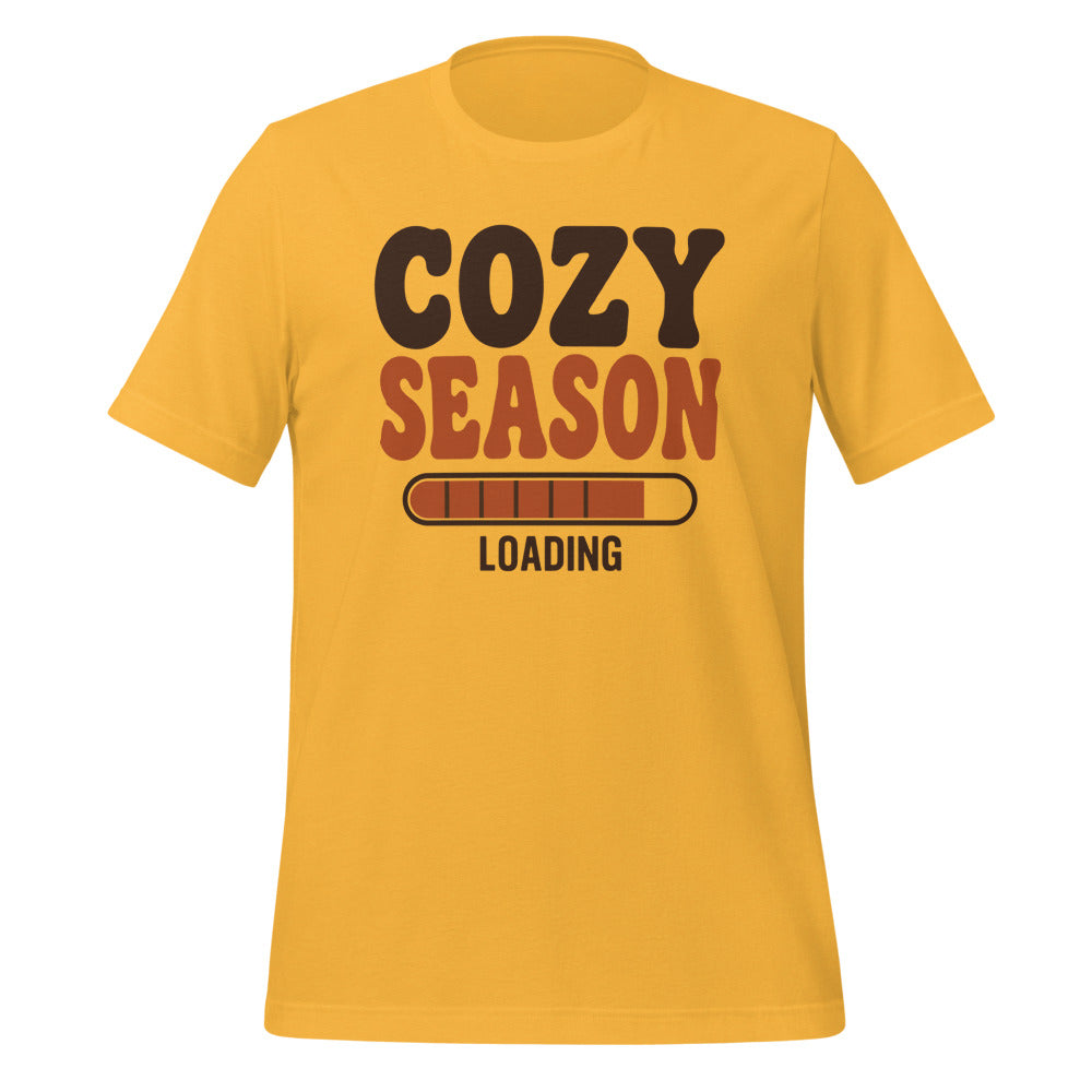 Cozy Season Loading retro 70s fall t-shirt — Heather Yellow Gold, front