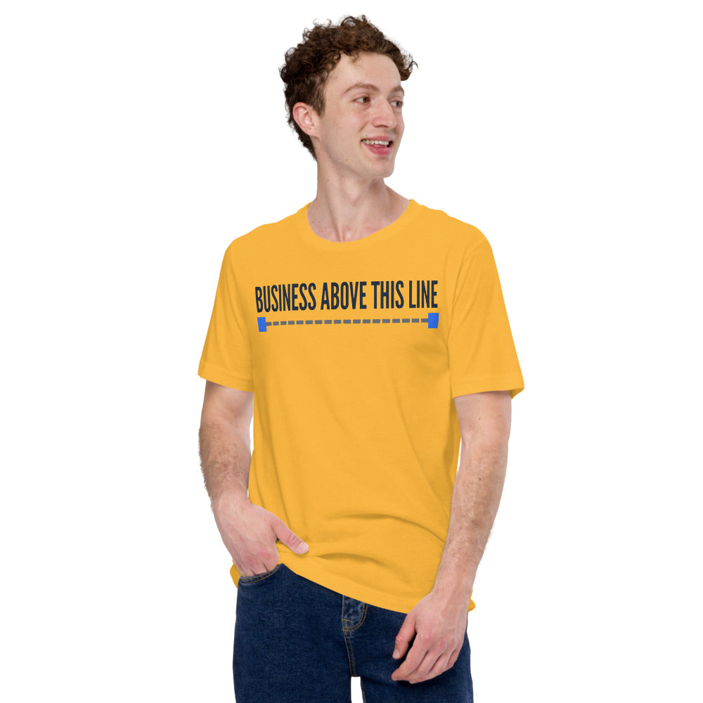 Business Above This Line unisex t-shirt — Heather Yellow Gold, on model