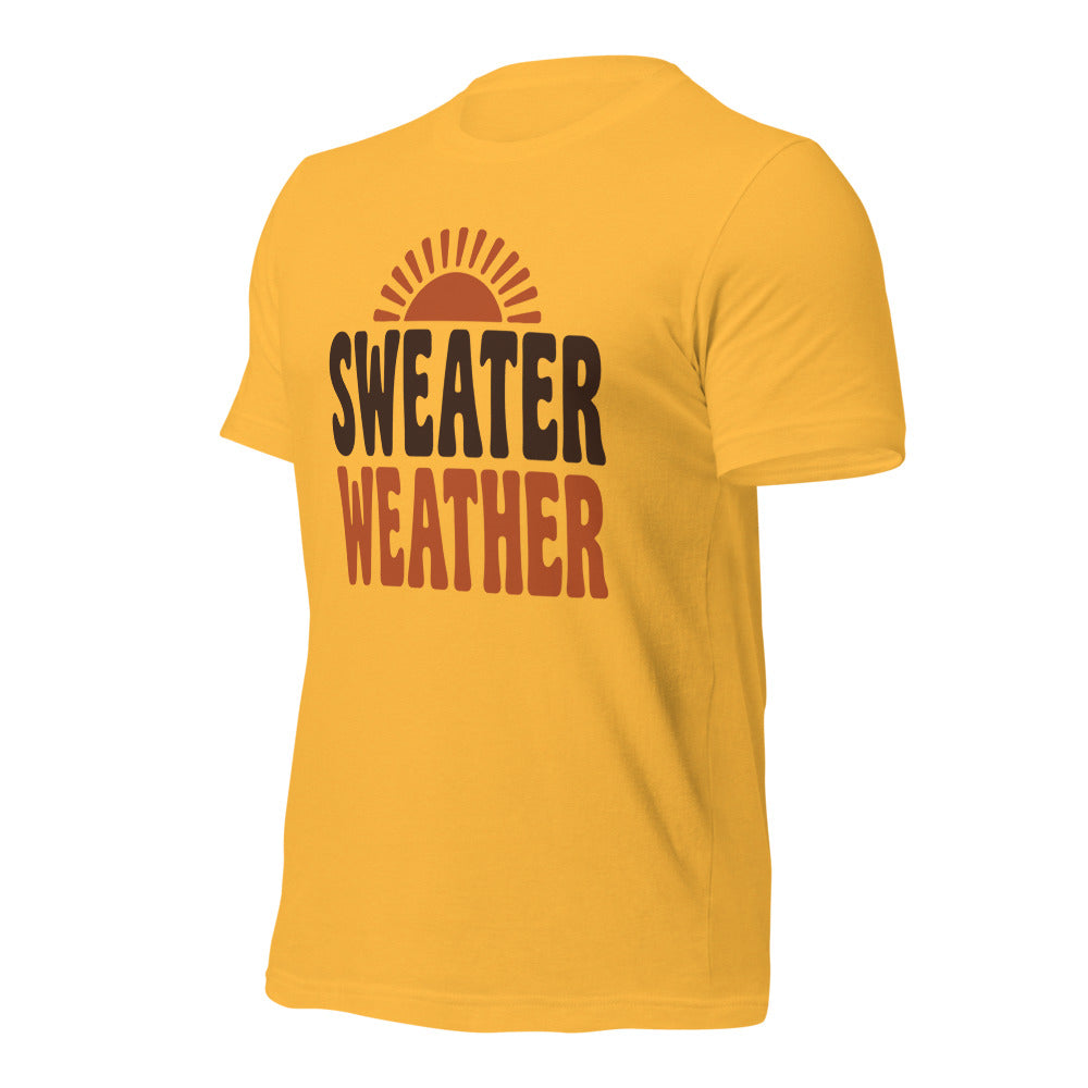 Sweater Weather retro 70s fall t-shirt — Heather Yellow Gold, front-right