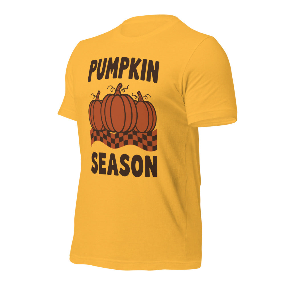 Pumpkin Season retro 70s fall t-shirt — Heather Yellow Gold, front-right