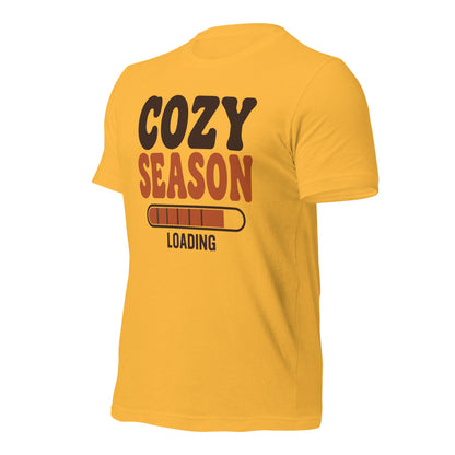 Cozy Season Loading retro 70s fall t-shirt — Heather Yellow Gold, front-right