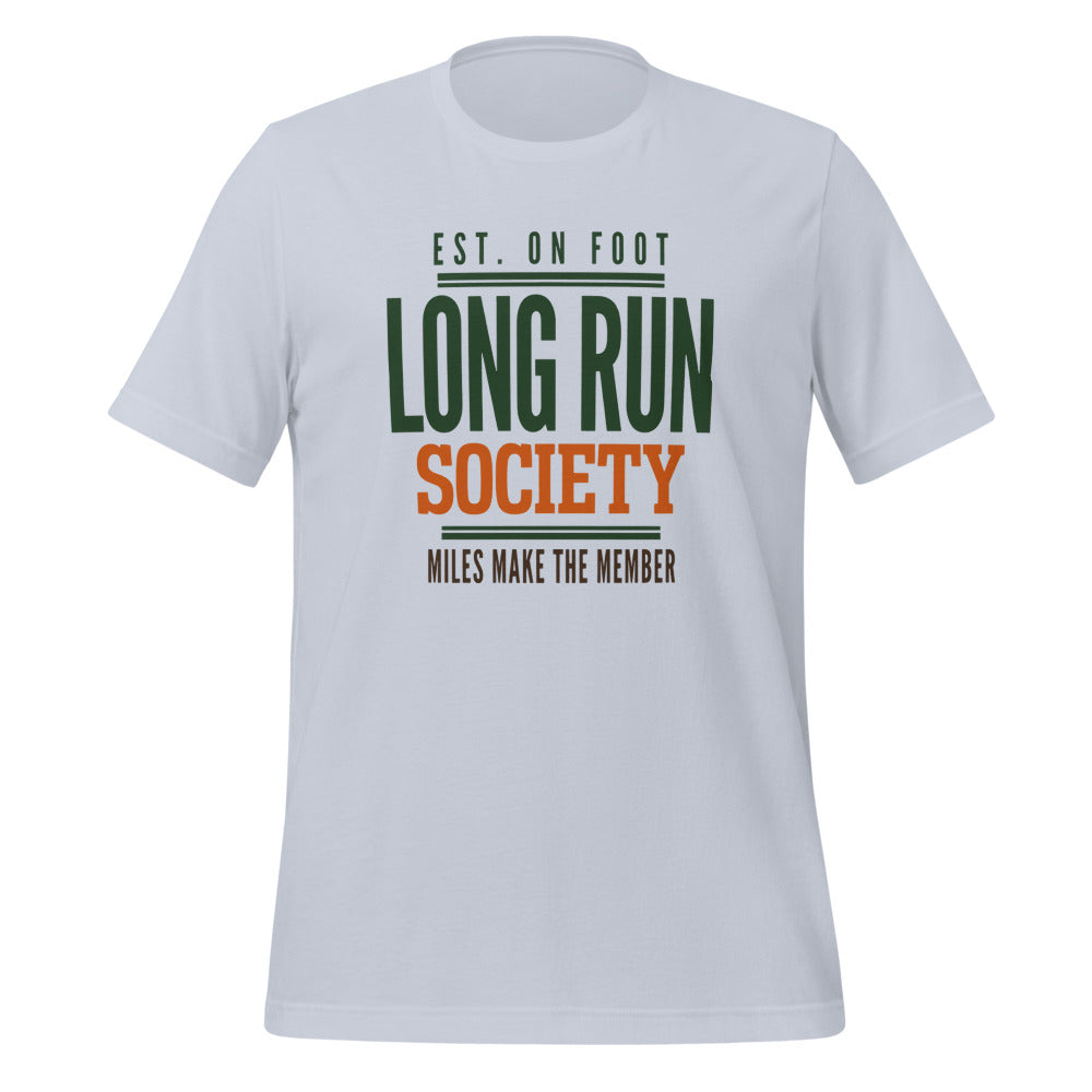 Long Run Society retro running tee — Light Blue, front