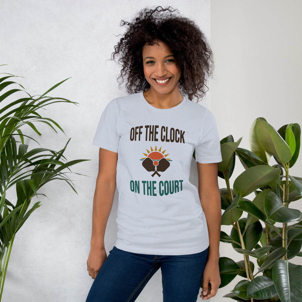 model wearing Off The Clock On The Court retro pickleball tee — Light Blue