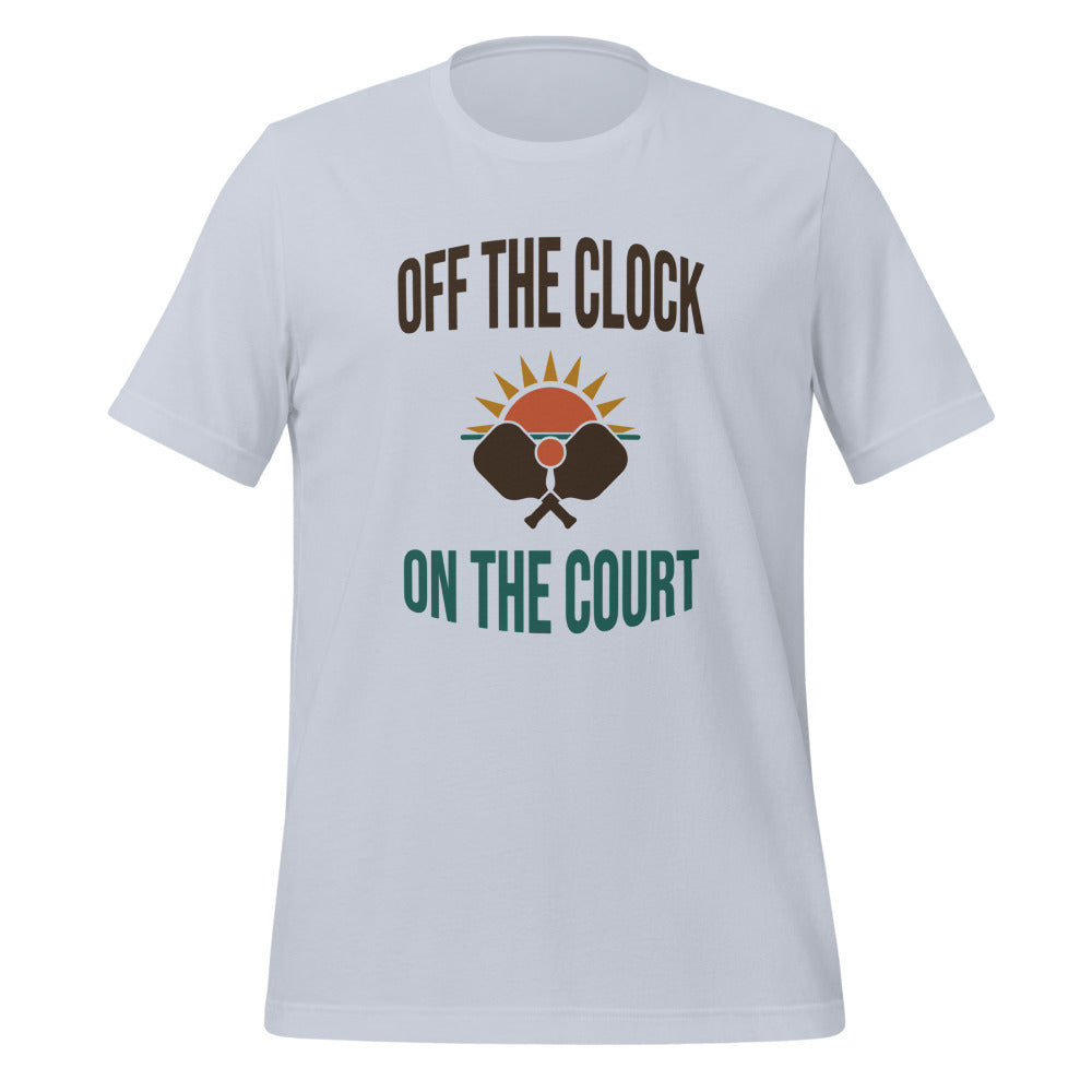 Off The Clock On The Court retro pickleball tee — Light Blue, front