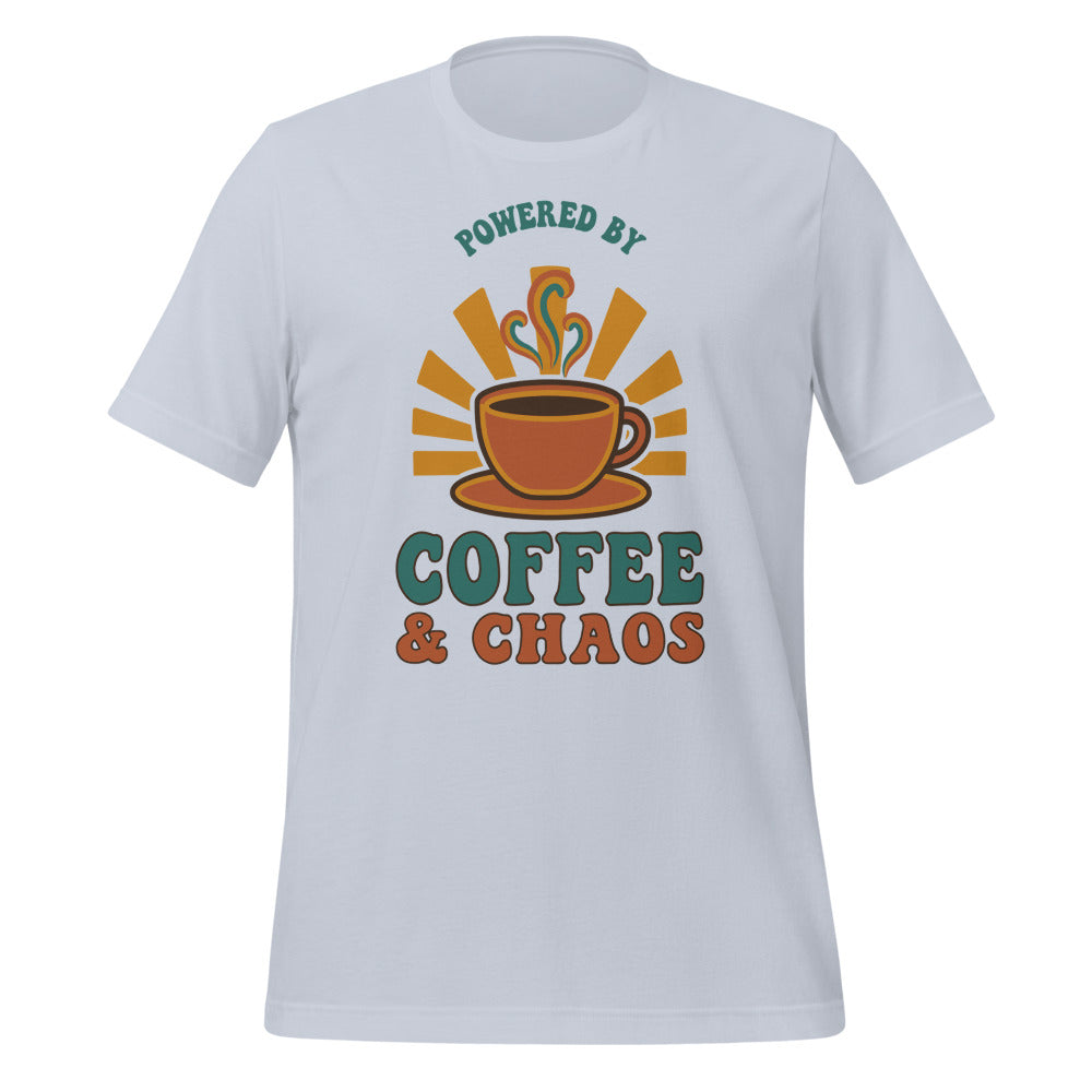 Powered By Coffee And Chaos retro groovy teacher tee — Light Blue, front