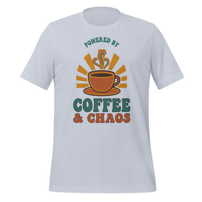 Powered By Coffee And Chaos retro groovy teacher tee — Light Blue, front