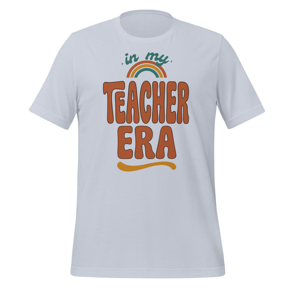 In My Teacher Era retro groovy teacher tee — Light Blue, front