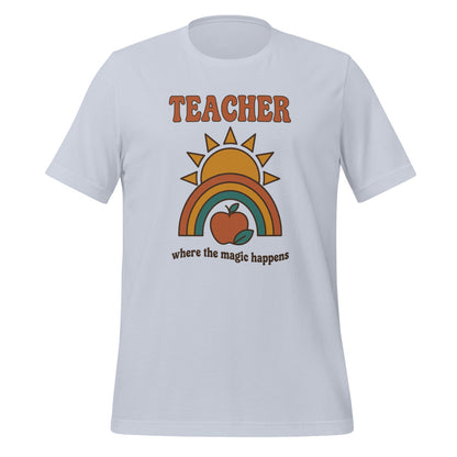 Teacher Where The Magic Happens retro groovy teacher tee — Light Blue, front