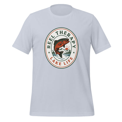 Reel Therapy retro national-park trout badge fishing tee — Light Blue, front