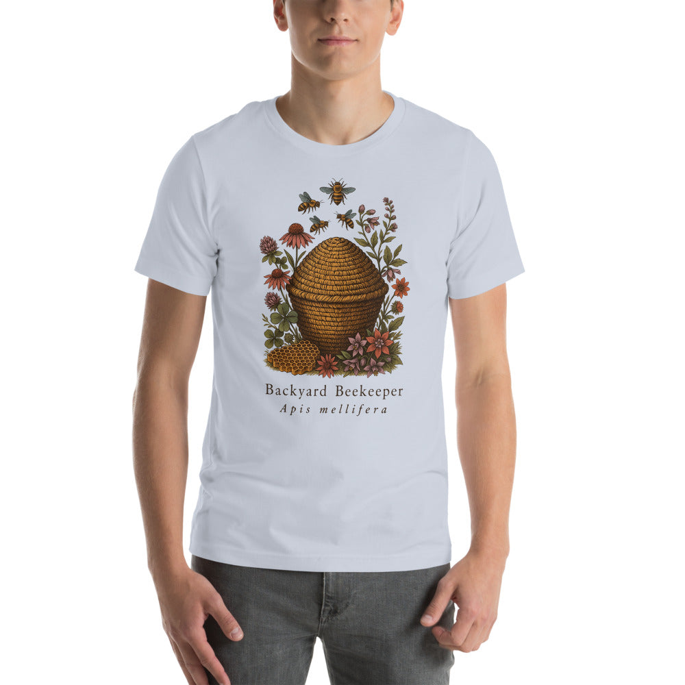 Backyard Beekeeper field-guide bee tee — Light Blue, on model