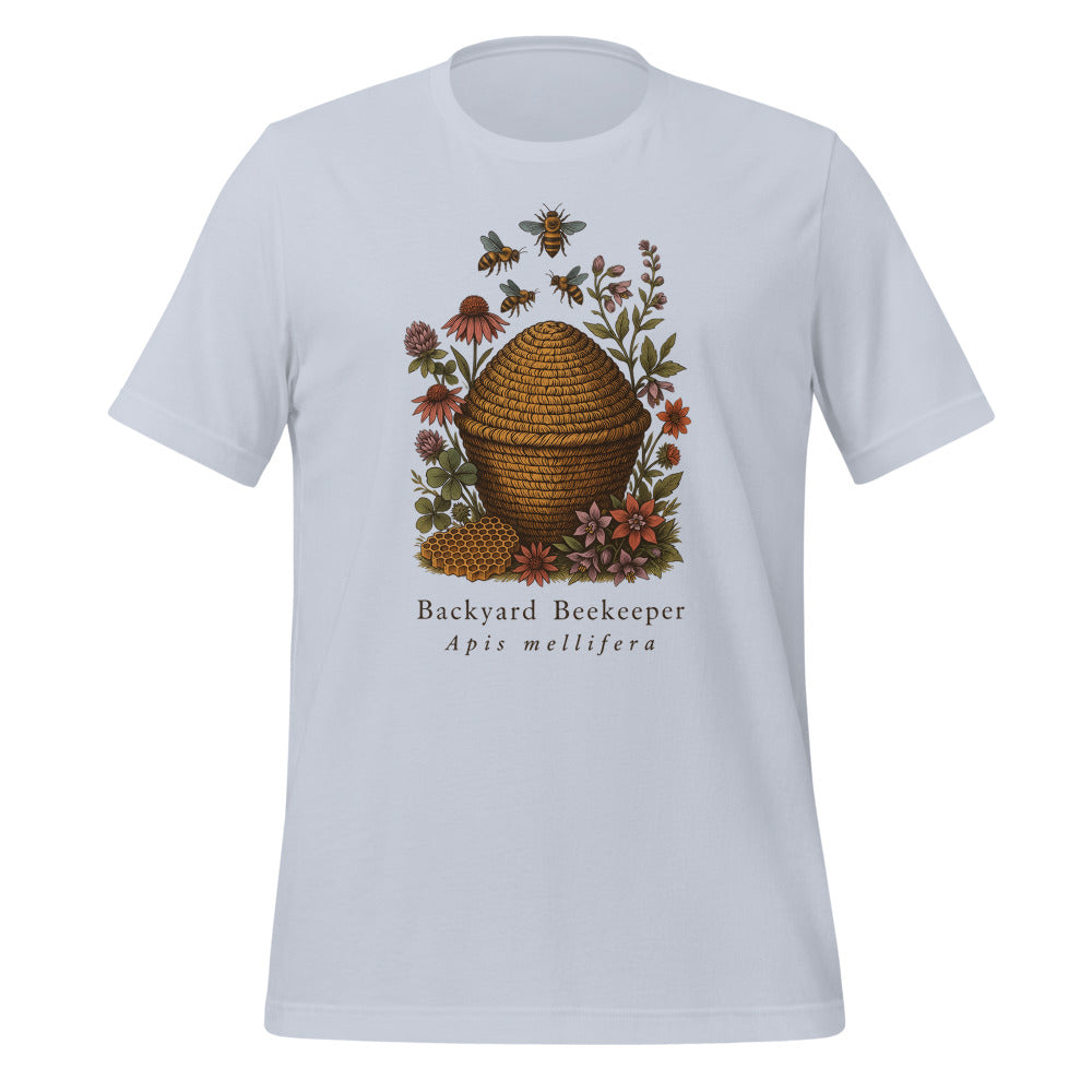 Backyard Beekeeper field-guide bee tee — Light Blue, front