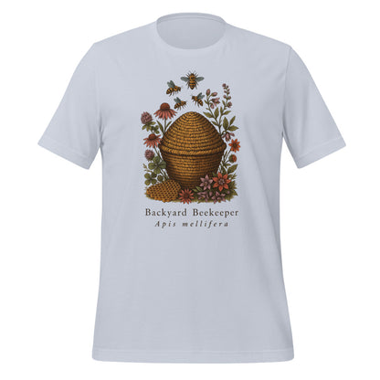 Backyard Beekeeper field-guide bee tee — Light Blue, front
